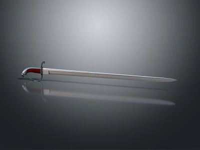 Silver Blade Sword With Red Hilt Metal Guard On Black Reflective Surface Gray Gradient Background 3d model