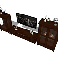 Dark Wood TV Stand Interior With Glass Door Cabinets And Decorative Items