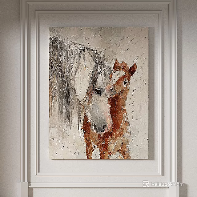 Abstract Painting Featuring Two Horses White Mare And Brown Foal With Heads Together Wall Art 3d model 