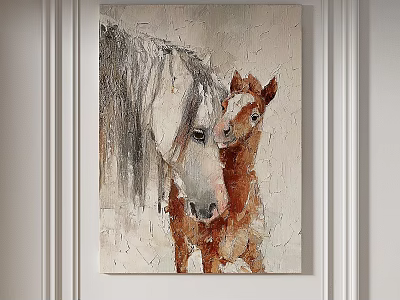 Abstract Painting Featuring Two Horses White Mare And Brown Foal With Heads Together Wall Art 3d model
