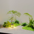 Bonsai Plants Display With Decorative Stones And Green Shrubs In Indoor Garden Corner