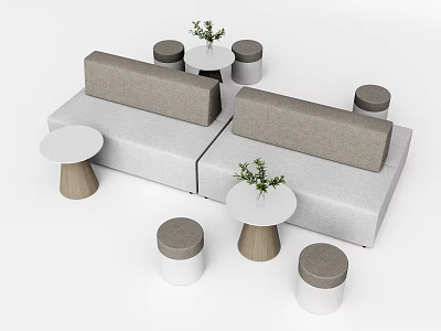 Modern Public Chair Interior With Modular Seating Round Tables And Small Plants 3d model