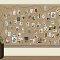 Corkboard Photo Wall Decorated with Photos Cards and String Lights Beside Vase with Green Plants