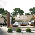 Modern Courtyard Garden With Wooden Pergola Stone Path Water Feature And Outdoor Dining Set