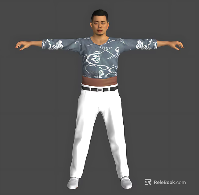 A Man Standing With Arms Outstretched Wearing Blue Top White Patterns And White Pants 3d model 