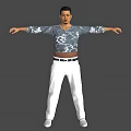 A Man Standing With Arms Outstretched Wearing Blue Top White Patterns And White Pants