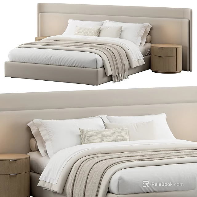 Modern Upholstered Double Bed With Beige Headboard White Sheets And Wooden Nightstand 3d model 