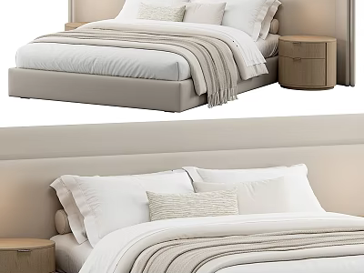 Modern Upholstered Double Bed With Beige Headboard White Sheets And Wooden Nightstand 3d model