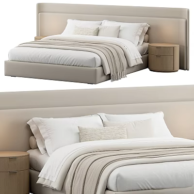 Modern Upholstered Double Bed With Beige Headboard White Sheets And Wooden Nightstand 3d model