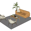 Yellow Sofa and Wooden Coffee Table Set with Light Chairs Plant Book on Gray Rug