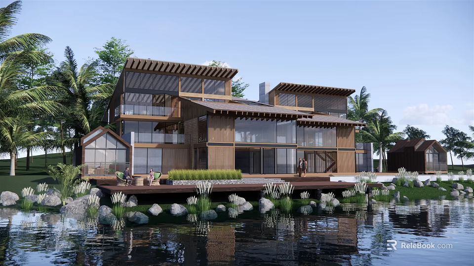 Modern Waterfront Wooden Villa Featuring Large Glass Windows Elevated Deck And Palm Trees 3d model 