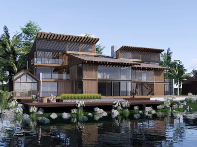 Modern Waterfront Wooden Villa Featuring Large Glass Windows Elevated Deck And Palm Trees 3d model