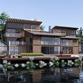 Modern Waterfront Wooden Villa Featuring Large Glass Windows Elevated Deck And Palm Trees