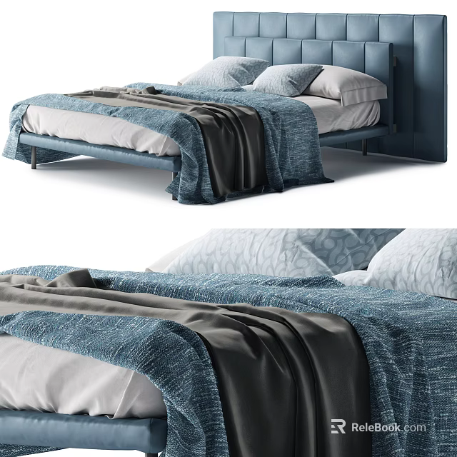 Modern Double Bed With Blue Frame And Blue Gray Blankets And Pillows 3d model 