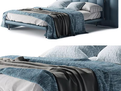 Modern Double Bed With Blue Frame And Blue Gray Blankets And Pillows 3d model