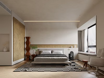 Modern Bedroom Interior With Bed Patterned Rug Window Chair Nightstand And Decorative Wall 3d model