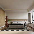 Modern Bedroom Interior With Bed Patterned Rug Window Chair Nightstand And Decorative Wall