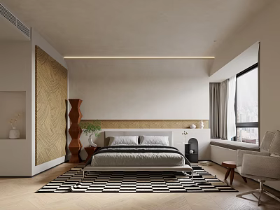 Modern Bedroom Interior With Bed Patterned Rug Window Chair Nightstand And Decorative Wall 3d model