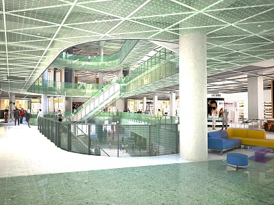 Modern Shopping Mall Lobby With Glass Staircase Open Layout Bright Lighting And Seating Areas 3d model