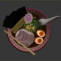Red Ramen Bowl with Sliced Meat Soft Boiled Eggs Nori Green Herbs Chopsticks and Spoon
