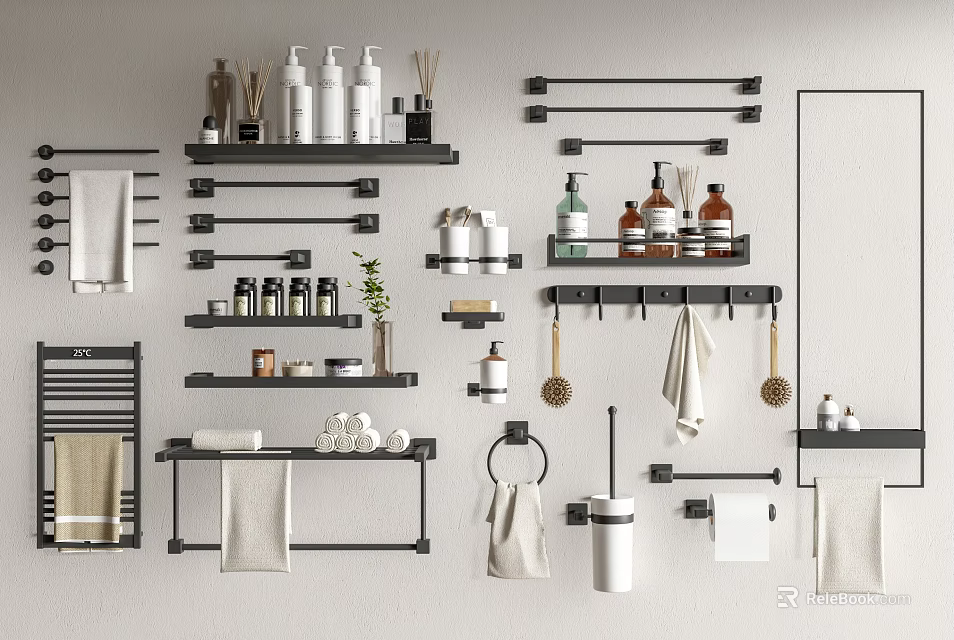 Modern Bathroom Shelves With Black Wall Racks Towel Holders And Toiletries Organizers 3d model 