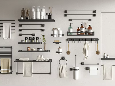 Modern Bathroom Shelves With Black Wall Racks Towel Holders And Toiletries Organizers 3d model