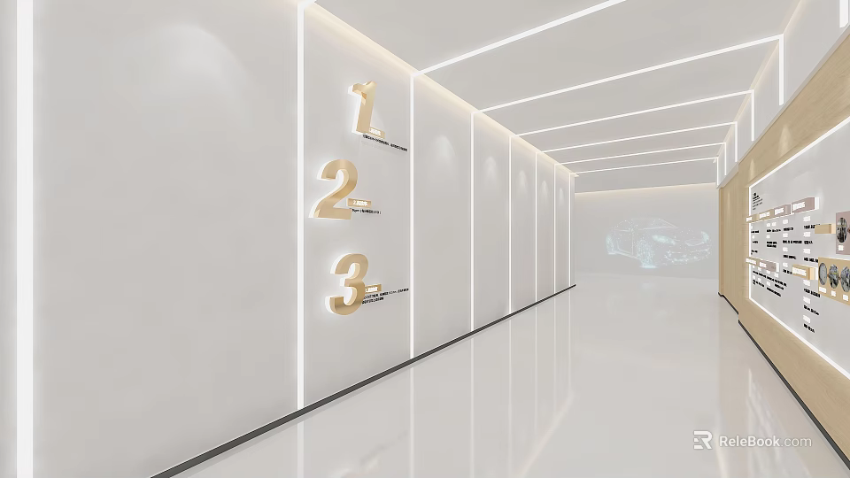 Modern Office Corridor Interior With White Walls Golden Numbers 1 2 3 And Strip Lights 3d model 