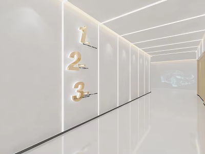 Modern Office Corridor Interior With White Walls Golden Numbers 1 2 3 And Strip Lights 3d model