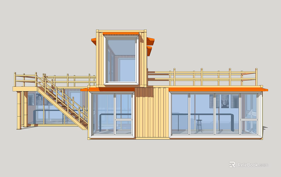 Yellow Two Story Container Building Design With Large Windows And Staircase Railings 3d model 