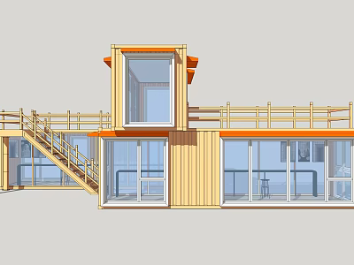 Yellow Two Story Container Building Design With Large Windows And Staircase Railings 3d model