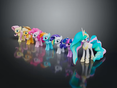 Colorful My Little Pony Toys Standing In Line With Shiny Manes On Black Surface 3d model