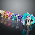 Colorful My Little Pony Toys Standing In Line With Shiny Manes On Black Surface