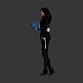 Woman With Long Black Hair In Dark Futuristic Outfit And Mechanical Arm Standing Pose