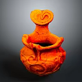 Traditional Orange Ceramic Pottery With Spiral Top And Intricate Carved Patterns