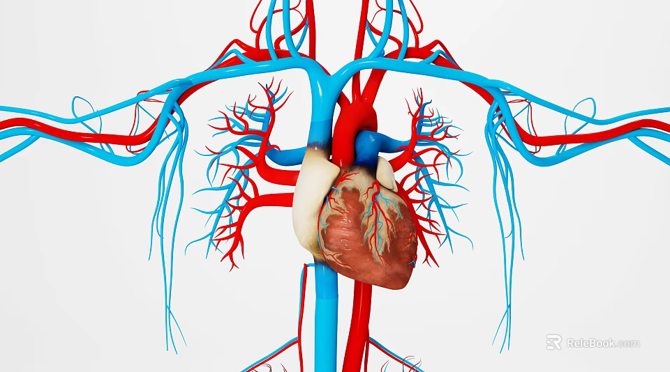 3D Anatomical Illustration of Human Chest Organs Heart with Red and Blue Blood Vessels Network 3d model 