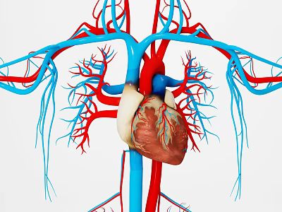 3D Anatomical Illustration of Human Chest Organs Heart with Red and Blue Blood Vessels Network 3d model