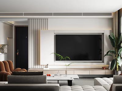 Modern Living Dining Room Interior Design With Large TV Sofa Coffee Table And Green Plants 3d model