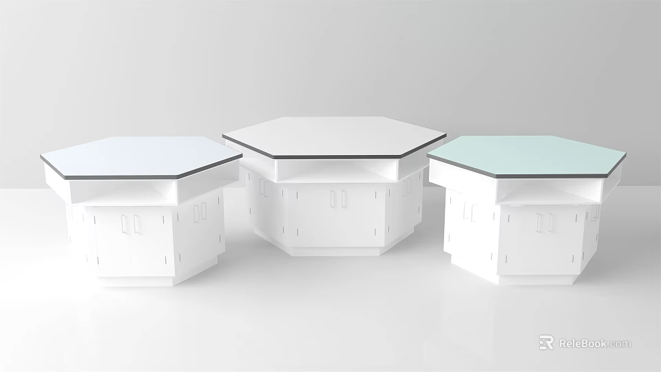 Three Modern White Hexagonal Functional Tables With Glass Tabletop And Storage 3d model