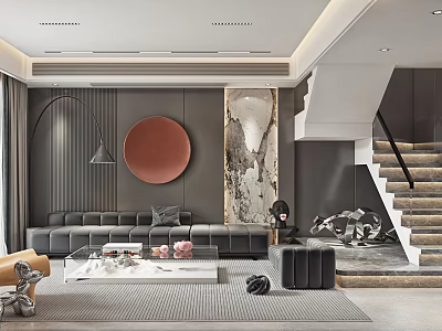 Modern Living Dining Room Interior With Grey Walls Red Circular Artwork And Marble Panel 3d model