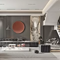 Modern Living Dining Room Interior With Grey Walls Red Circular Artwork And Marble Panel