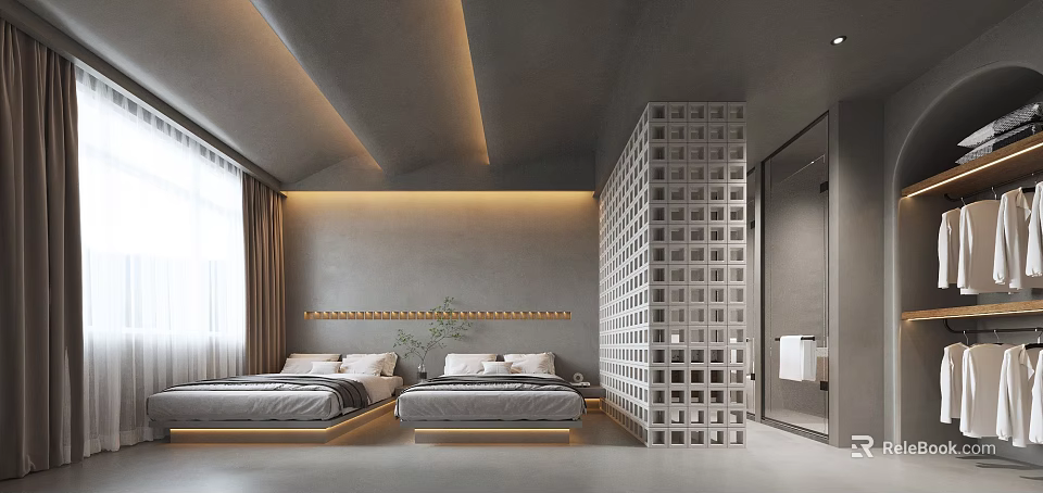 Modern Hotel Guest Room With Twin Beds Lattice Partition Gray Tones And Natural Light 3d model 