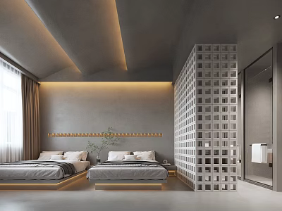 Modern Hotel Guest Room With Twin Beds Lattice Partition Gray Tones And Natural Light 3d model