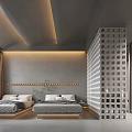 Modern Hotel Guest Room With Twin Beds Lattice Partition Gray Tones And Natural Light