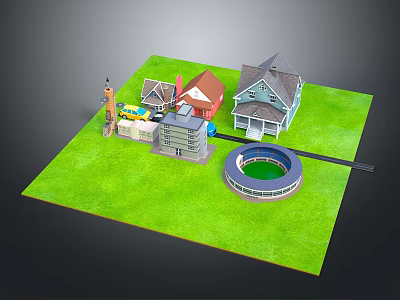 Playground Equipment Setup On Green Grass With Houses And Swimming Pool 3d model