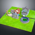 Playground Equipment Setup On Green Grass With Houses And Swimming Pool