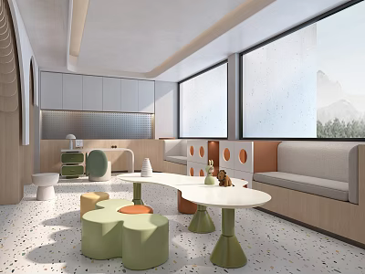 Modern Entertainment Room Interior Featuring Large Windows Colorful Furniture Round Tables And Sofa 3d model