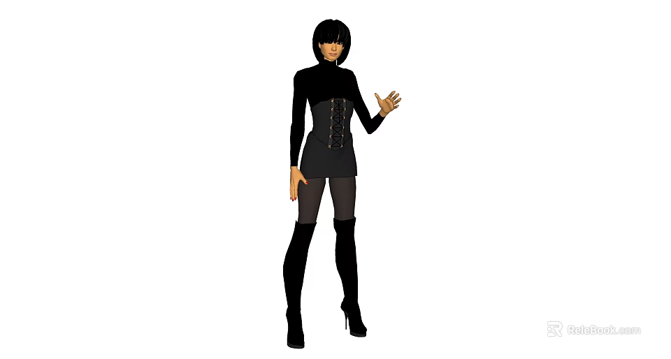 Game And Movie Character In Black Outfit With Long Boots Standing Pose 3d model 