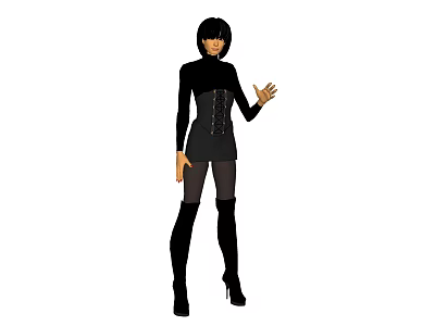 Game And Movie Character In Black Outfit With Long Boots Standing Pose 3d model