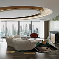 Luxurious Modern Living Dining Room With White Sofa Round Coffee Table And Colorful Rug