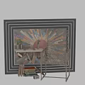 Elegant Ornamental Decor Set With Woven Chair Books And Colorful Wall Art